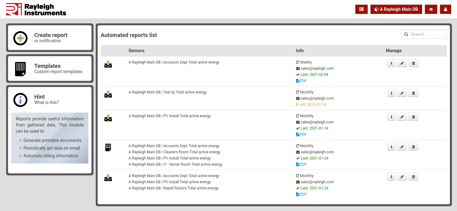 Automated reports list.