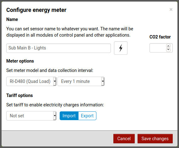 Energy meter configuration modal.