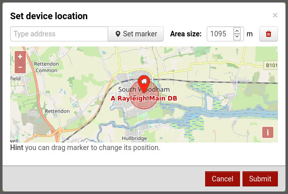 Set device location configuration window.