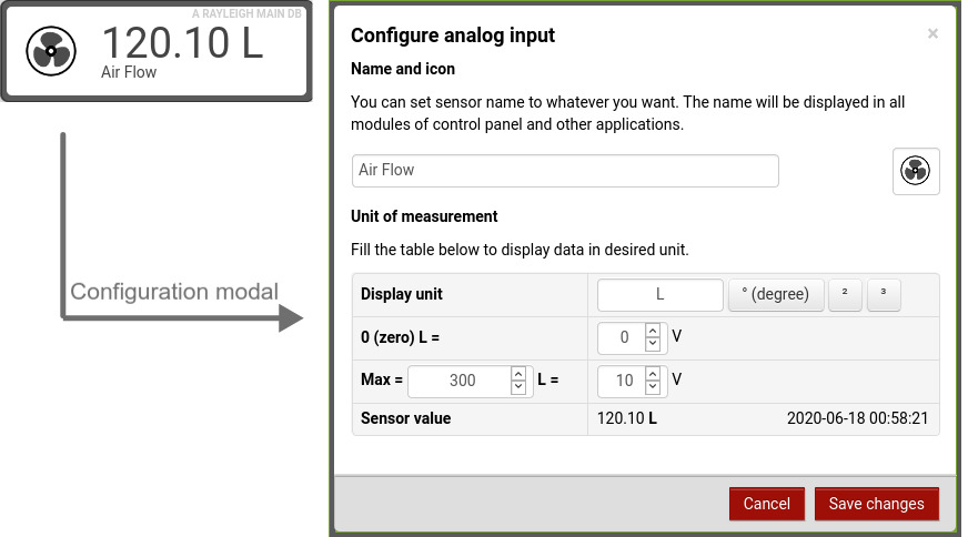 Analog input widget and configuration modal.